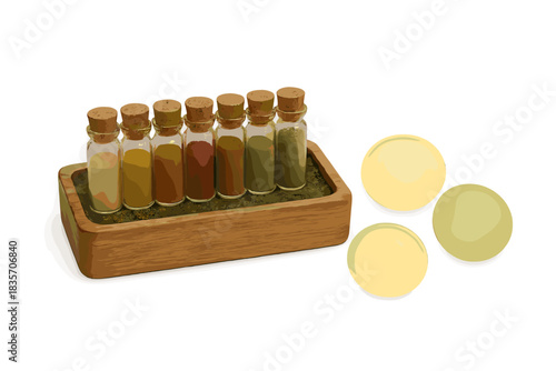 Natural Dye Kit. a natural dye analysis kit with tiny labeled vials of botanical pigments and glowing samples, moss and ivory