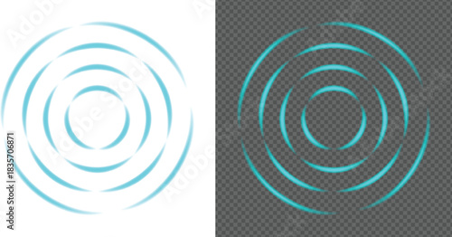 Cyan concentric circles with motion blur effect on white and transparent backgrounds abstract