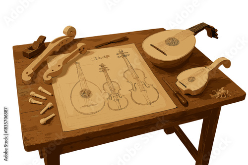 Period Instrument Workshop. a craftsman’s bench with blueprints and parts for recreating period instruments, warm wood and ivory