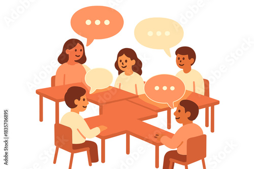 Collaborative Learning Space. a collaborative learning space shown as connected desks with glowing dialogue bubbles and friendly