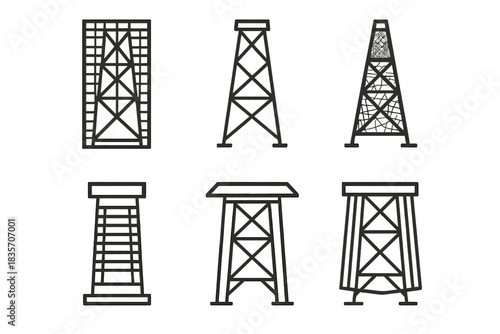 Structural Carrier Icons. Icons for: screened carrier towers, lattice transport pillars, mesh-covered load spires, ventilated