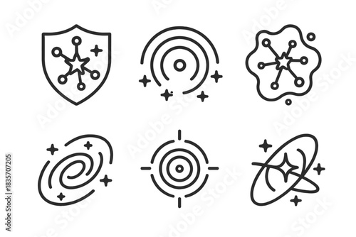 Cosmic Protection Icons. Line vector icons of protected cosmic patterns: shielded star nodes, recessed luminous arcs, glowing
