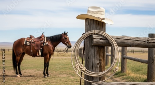 Open field with wooden fence post and cowboy hat, two saddled horses in the background, peaceful ranch-like setting.