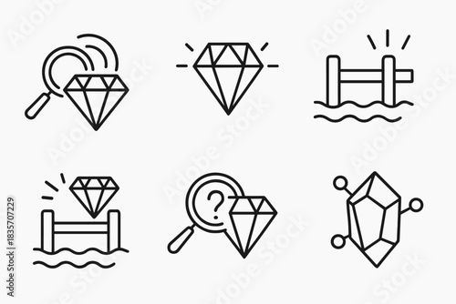 Reflective Gem Investigations. Line vector icons of reflective gem investigations: polished inquiry arcs, luminous mineral marks,