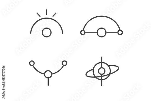 Radiant Aerial Pivot. Line vector icons of an airborne pivot as the central node: radiant axis arcs, luminous floating joints,