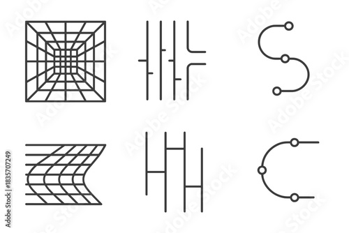 Precision Adjustment Conduits. Line vector icons of precision adjustment conduits: clean grid tunnels, ordered groove structures,