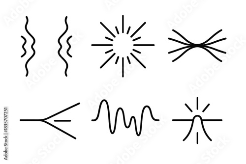 Vibrant Energy Paths. Line vector icons of a trembling conduit narrowing to clarity: vibrating channel outlines, pulsing narrowing