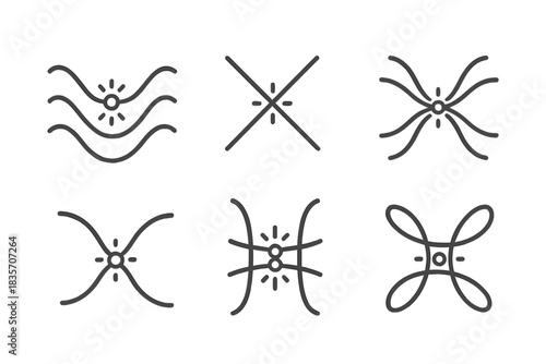 Dynamic Path Intersections. Line vector icons of oscillating path intersections: vibrating journey patterns, luminous crossing