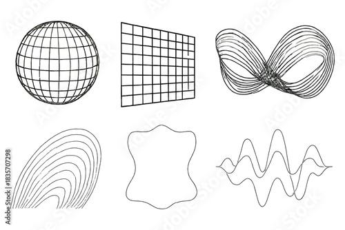 Luminous Phantom Patterns. Line vector icons of luminous phantom patterns: glowing transparent meshes, radiant illusion grids,
