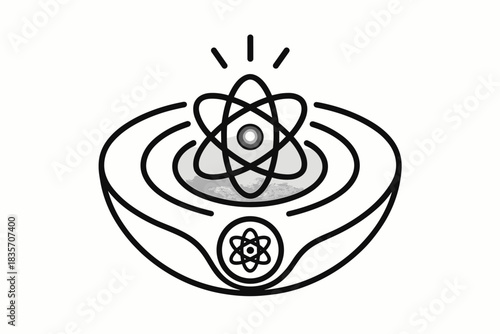 Atomic Clue Icon. Line style icons of an atomic clue in a depression: stylized atom centered in curved pocket, orbit lines