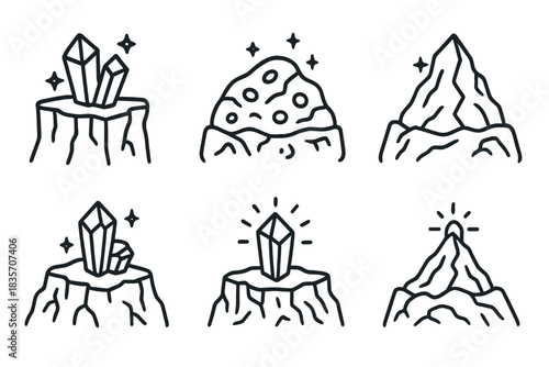 Crystal-Studded Cliff Icons. Line style icons of a rocky viewpoint with valuable elements: elevated cliff with crystal highlights,