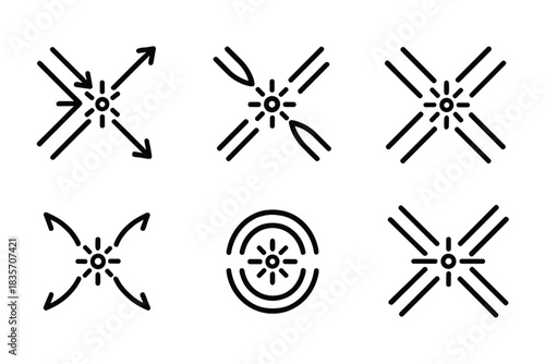 Dynamic Intersection Icons. Line style icons of a pushing voyage hub: directional paths colliding with energy, motion arrows