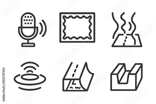 Framework Detection Icons. Line style icons of framework rut detection: sound capture node, patterned frame, vibration route,