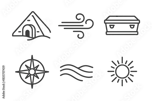 Desert Tomb Icons. Line style icons of wind-swept burial: desert tomb, swirling wind, stone coffin, celestial compass, sand waves,