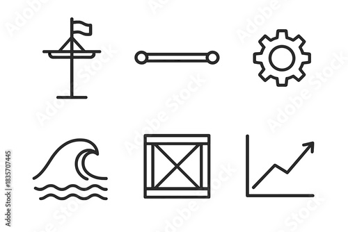 Boat Spar Icon Set. Line style icons of boat spar production: ship mast, horizontal beam, gear symbol, ocean wave, cargo crate,