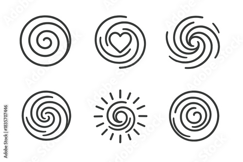 Whirlpool Devotion Icons. Line style icons of leading whirlpool devotion: circular vortex, heart center, flowing lines, spiral