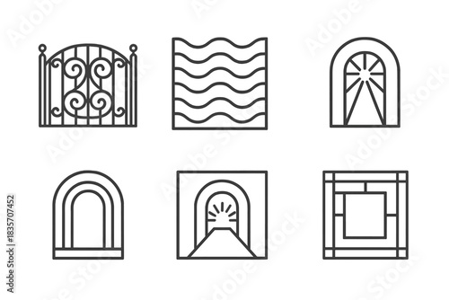 Patterned Gate Icons. Line style icons of patterned entry: decorative gate, rhythmic lines, insight beam, symmetrical arch,
