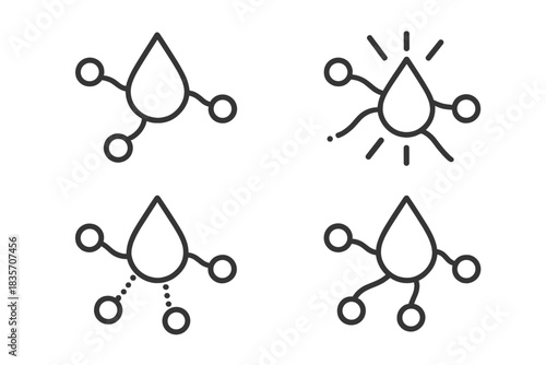 Sweet Connection Icons. Line style icons of sweet connection point: droplet node, curved links, gentle flow, radiant core, dotted