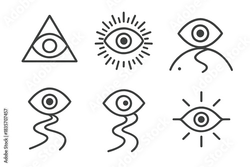 Eye Pilgrimage Icons. Line style icons of eye-based pilgrimage: sacred eye, radiant circle, journey arc, divine path, glowing