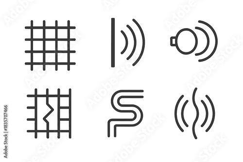 Sound Wave Icons. Line style icons of lattice channel for sound: grid mesh, echo lines, sound waves, circular receiver, structured