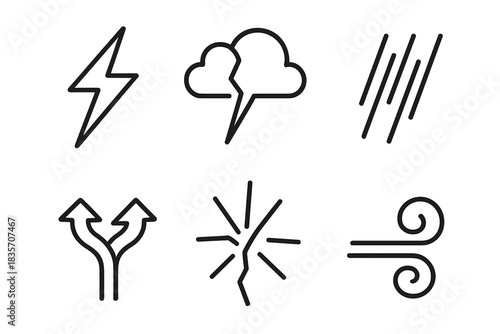 Stormy Weather Icons. Line style icons of stormy divide of curiosities: lightning arc, cloud split, flowing rain lines, branching