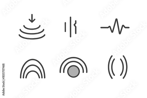 Stylized Sound Iconography. Line style icons of dim wailing offer: downward ripple, broken echo, sound pulse, fading arch, shaded