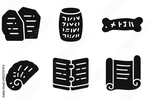 Ancient Data Storage Icons. Solid style icons of ancient data storage: carved stone tablets, clay cylinders, bone inscriptions,