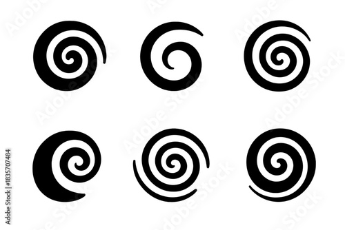 Devotional Spiral Icons. Solid style icons of devotional spirals: leading whirlpool, pioneering spiral, advancing vortex,