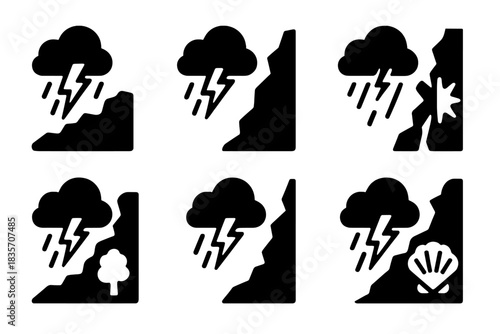 Dramatic Weather Divides. Solid style icons of dramatic curiosity splits: tempest ridge, stormy gap, violent boundary, blustery