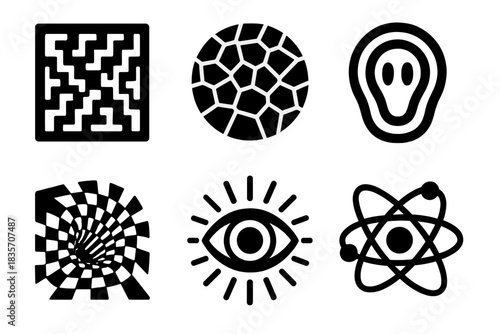 Evolving Deceptive Art. Solid style icons of evolving deceptive art: expanding pattern, developing mosaic, intensifying phantom,