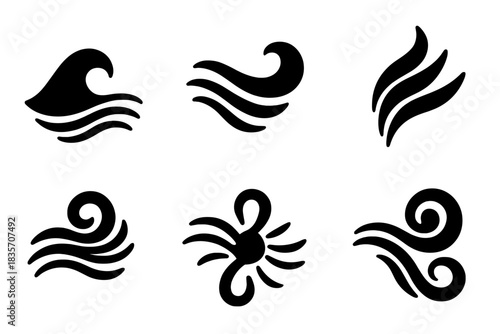 Fluid Converging Icons. Solid style icons of smooth fluid convergence: gentle current, soft stream, downy flow, feathery movement,