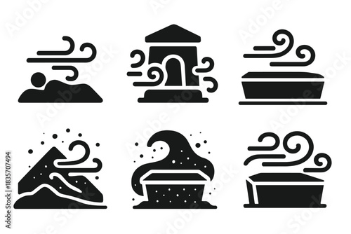 Celestial Burial Icons. Solid style icons of celestial burial winds: wind-swept burial, hot wind around tomb, desert breeze at