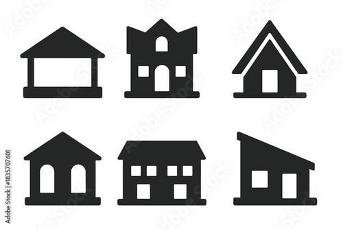 Architectural Harmony Icons. Solid style icons of architectural harmony: symmetric pitched pavilion, dual-angled belvedere,