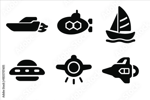 Futuristic Exploration Icons. Solid style icons of futuristic exploration: plasma-propelled skiff, nanotech vessel, quantum