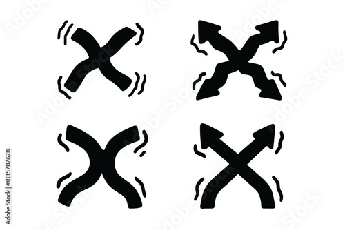 Kinetic Crossroad Icons. Solid style icons of kinetic crossroads: wobbly travel intersections, shaking journey connections,