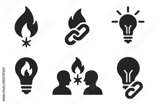 Creative Sparks. Solid style icons of creative ignition: inspired flame spark, innovative heat link, radiant idea fusion, luminous
