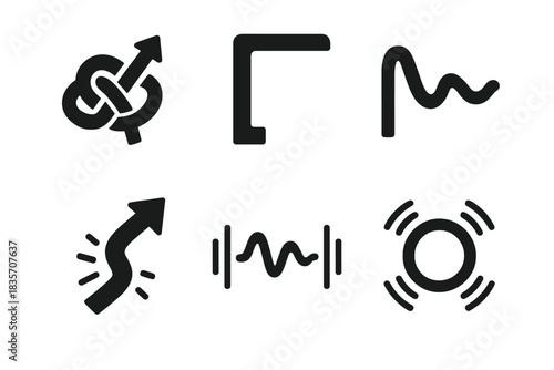 Emotional Motion Icons. Solid style icons of emotional motion: anxious junction knot, restless corner loop, uncertain edge wave,