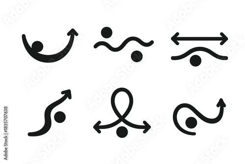 Emotional Motion Icons. Solid style icons of emotional motion: comforting swing arc, gentle rocking path, nurturing rhythm beam,