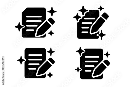 Radiant Writing Icons. Solid style icons of radiant writing: sparkling written connections, gleaming inscription joints, shining