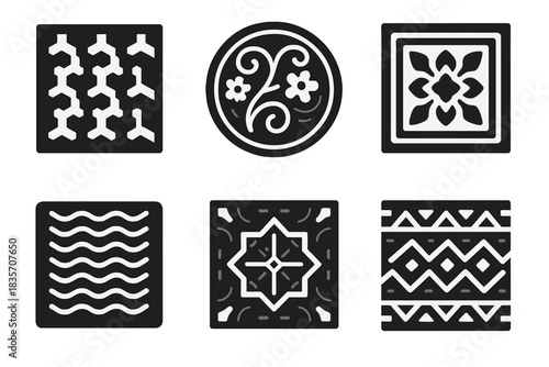 Cultural Craft Icons. Solid style icons of cultural craft: intricate tessellation board, buzzing artisan plate, rhythmic ceramic