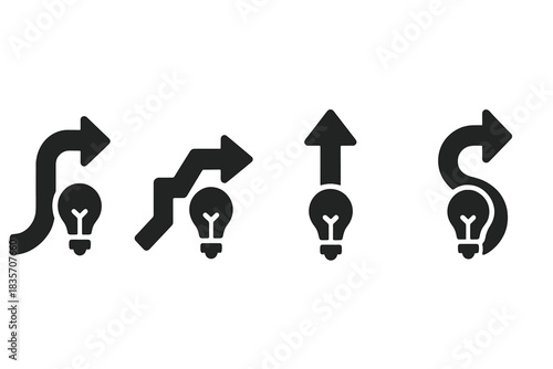 Directional Innovation Icons. Solid style icons of directional innovation: leading turning points, pioneering direction changes,