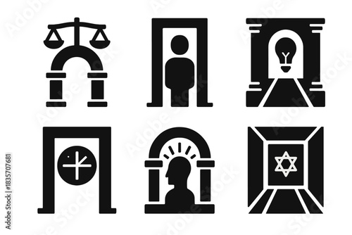 Philosophical Architecture Icons. Solid style icons of philosophical architecture: balanced concept arch, reflective awareness