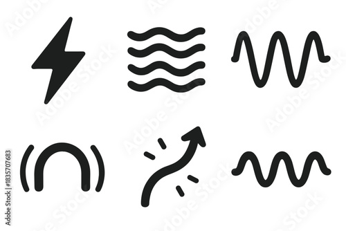 Abstract Energy Icons. Solid style icons of abstract energy: trembling current stripe, vibrating field ribbon, oscillating