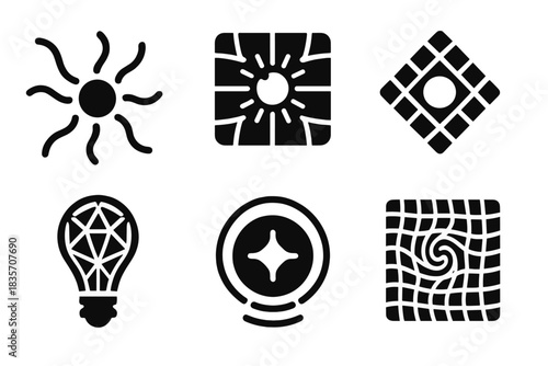 Visionary Dynamics Icons. Solid style icons of visionary dynamics: flowing energy design, radiant creative grid, glowing concept