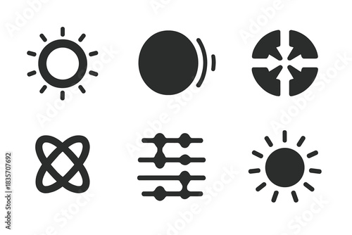 Symbolic Energy Icons. Solid style icons of symbolic energy: pulsing movement ring, vibrating direction disc, kinetic convergence