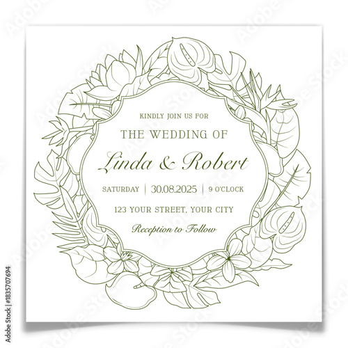 Wedding Invitation Card with Tropical Plant Wreath