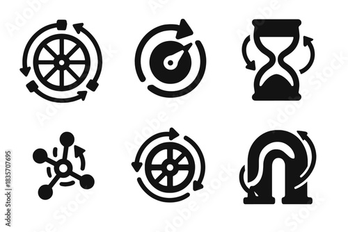 Symbolic Movement Icons. Solid style icons of symbolic movement: rotating destiny wheel, shifting fate counter, oscillating