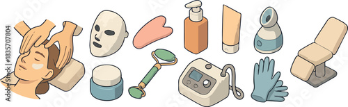 set of icons of tools and products for skin and body care and treatment that are common in cosmetology