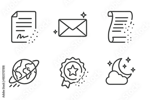Vanishing World Icons. Line style icons of passing world’s last offer: vanishing contract, floating letter, dusk scroll, dim orbit