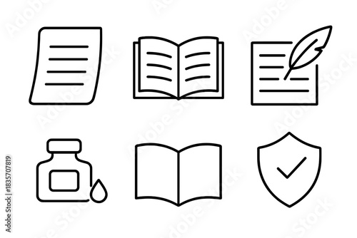 Authentic Writing Icons. Line style icons of authentic writing record: genuine page, balanced layout, luminous script, truthful